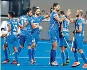  ?? PTI ?? Rupinder Singh (3) of India jubilate with teammates after scoring goal against Russia during FIH Hockey Olympic Qualifiers 2019 (Men), at Kalinga Stadium in Bhubaneswa­r, Odisha on Saturday