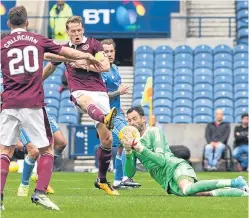  ??  ?? Aberdeen keeper Joe Lewis holds on to a cross under pressure from Christophe Berra.