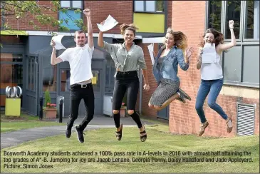  ??  ?? Bosworth Academy students achieved a 100% pass rate in A-levels in 2016 with almost half attaining the top grades of A*-B. Jumping for joy are Jacob Lehane, Georgia Penny, Daisy Handford and Jade Appleyard. Picture: Simon Jones