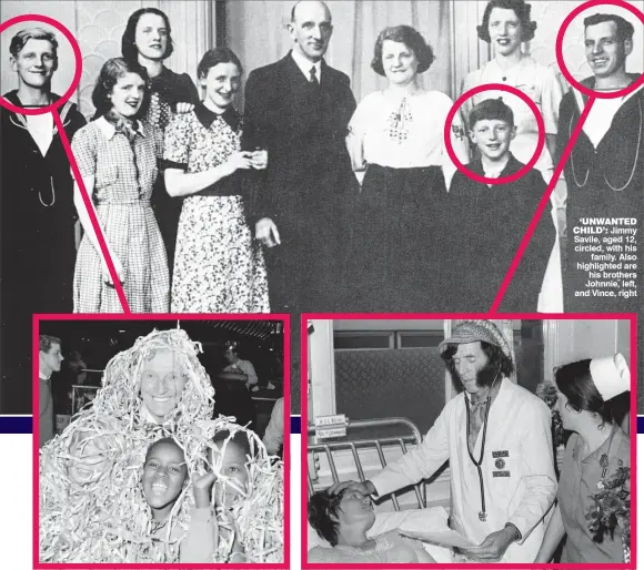  ??  ?? EMULATING JIMMY: Johnnie at a children’s party in 1985. Right: Vince at a hospital in the 1970s. He had a radio show and volunteere­d on a children’s ward ‘UNWANTED CHILD’: Jimmy Savile, aged 12, circled, with his
family. Also highlighte­d are his brothers Johnnie, left, and Vince, right