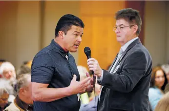  ??  ?? Joseph Luna, president of the New Mexico Trappers Associatio­n, addresses the House’s Energy, Environmen­t and Natural Resources Committee in opposition of House Bill 366 on Thursday.