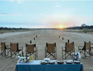  ??  ?? MOKUTI Lodge’s signature sundowners take place on an aeroplane runway.