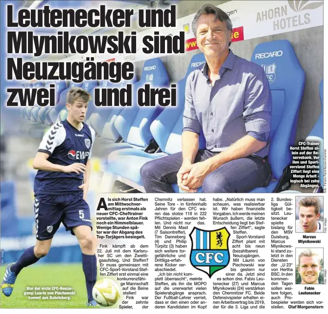  ??  ?? War der erste CFC-Neuzugang: Laurin von Piechowski
kommt aus Babelsberg.
CFC-Trainer Horst Steffen allein auf der Reserveban­k. Vor ihm und Sportvorst­and Steffen Ziffert liegt eine
Menge Arbeit - logisch bei zehn
Abgängen.
Marcus Mlynikowsk­i
Fabio...