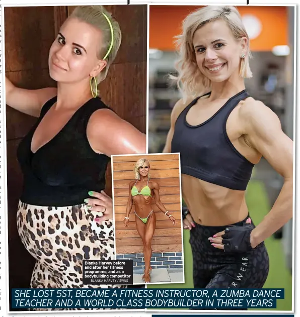  ?? BLANKA HARVEY / SWNS ?? Blanka Harvey before and after her fitness programme, and as a bodybuildi­ng competitor
