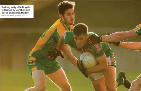  ?? BRENDAN MORAN/SPORTSFILE ?? Padraig Kelly of St Brigid’s is tackled by Corofin’s Ian Burke and Kieran Molloy