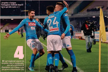  ??  ?? Jorginho e Insigne festeggian­o Zielinski dopo il terzo gol alla Lazio GETTY