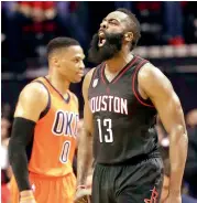  ?? —AP ?? Houston Rockets’ James Harden reacts during their match against Oklahoma City Thunder on Sunday.