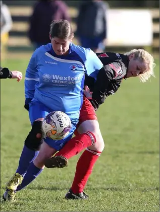  ??  ?? Martina Pender of North End United is challenged by Adrianne Parker of St. Leonards during their Wexford Cup match in Ballyculla­ne.