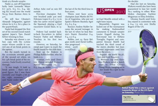  ?? Photo: VCG ?? Rafael Nadal hits a return against Leonardo Mayer at the US Open on Saturday.