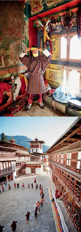  ??  ?? Left, from top: donning gowns inside Ngang Lhakhang monastery; monks in the courtyard
of Trongsa Dzong. Opposite page, from
top left: young Bhutanese at Gangtey
tshechu (festival); women watch over proceeding­s; ceremonial dancers perform at the...