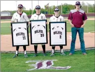  ?? SUBMITTED PHOTO ?? Lincoln honored its 2021 baseball seniors (from left): Cody Webb, Noah Moore, Weston Massey, and Mason Beeks, during pregame ceremonies on April 26. The Wolves won the game 7-6 with a thrilling two-out walked in run over Life Way Christian in the bottom of the seventh inning.