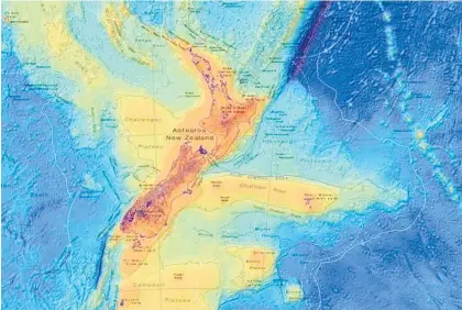  ?? Image / GNS Science ?? This map highlights the tectonic profile of Zealandia. The colours show continenta­l crust in red, orange, yellow and brown hues and oceanic crust in blues.