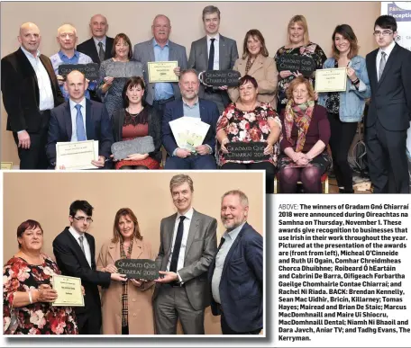  ?? ABOVE: ?? Pictured at the presentati­on of the awards are front from left, Cabrini De Barra, Oifigeach Forbartha Gaeilge Chomhairle Contae Chiarraí; Tadhg Evans from proud sponsors, The Kerryman; Maire Uí Shiocrú and Marcus Mac Domhnaill from Mac Domhnaill Dental, Tralee; and Oifigeach Forbartha Gaeilge Chomhairle Contae Chiarraí Roibeard Ó hEartáin.