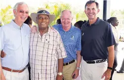  ??  ?? Wordsworth Watson (second left), Half Moon’s estate manager, marks the special occasion of his 60th anniversar­y at Half Moon with (from left) Richard Whitfield, retired managing director of Half Moon, member of the board of directors and chairman of...