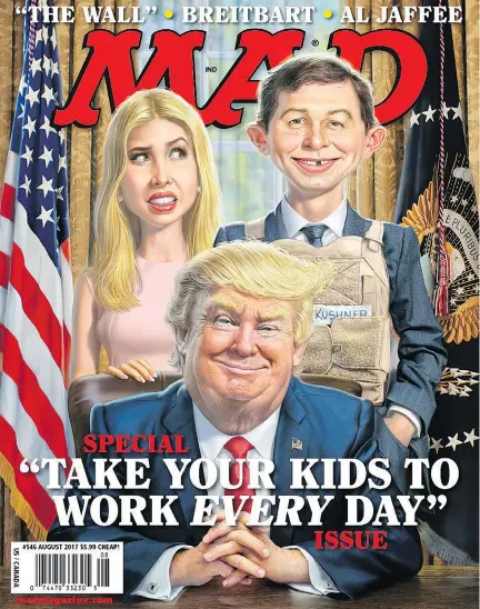  ??  ?? Mad magazine has had a long history of political and social commentary, including covers shown here from before new editor Bill Morrison took the job.