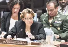 ?? EFE ?? Foro. La enviada especial de la ONU para la Estabiliza­ción de Haití (Minustah), Sandra Honoré, durante su intervenci­ón en la ONU, antier.
