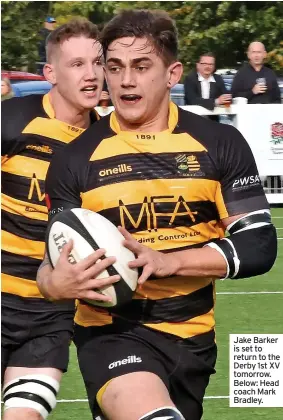  ?? ?? Jake Barker is set to return to the Derby 1st XV tomorrow. Below: Head coach Mark Bradley.