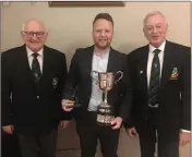  ??  ?? Baltinglas­s Golf Club President Jim Murray with Mitchell Cup Singles Matchplay Winner Jason Bowes and club captain Martin Hennessy.