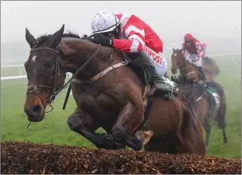  ??  ?? Total Recall, with Danny Mullins on board, jumps the last ahead of the Mikey Fogarty-ridden Class Conti, on their way to winning the Goffs Thyestes Handicap Steeplecha­se at Gowran Park in Kilkenny.