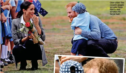  ??  ?? Chin-chin! The couple giggle as Luke hugs Harry and strokes his facial hair