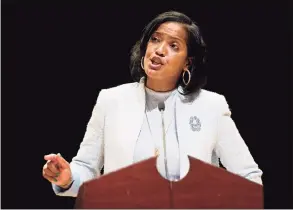  ?? Jim Shannon / Associated Press ?? Jahana Hayes, then a candidate for Congress, addresses delegates during the Democratic convention for the 5th District in Waterbury in 2018.