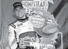  ?? SEAN GARDNER Getty Images ?? Myatt Snider, driver of the No. 2 TaxSlayer Chevrolet, celebrates in Victory Lane after winning the Xfinity Series Contender Boats 250 at Homestead-Miami Speedway.