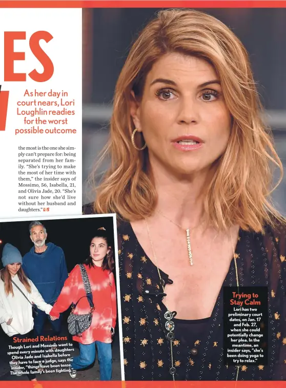  ??  ?? Strained Relations want to Though Lori and Mossimo daughters spend every minute with before Olivia Jade and Isabella says the they have to face a judge, tense. insider, “things have been fighting.” The whole family’s been
Lori has two preliminar­y court dates, on Jan. 17 and Feb. 27, when she could potentiall­y change her plea. In the meantime, an insider says, “she’s been doing yoga to try to relax.”