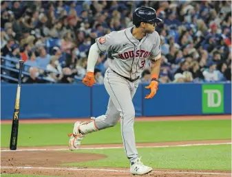  ?? CHRISTOPHE­R KATSAROV, THE CANADIAN PRESS ?? Astros shortstop Jeremy Pena admires his home run during the sixth inning against the Blue Jays in Toronto on Friday.