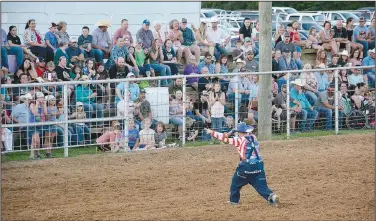  ?? (File Photo/NWA Democrat-Gazette/Graham Thomas) ?? Rodeo clown Michael “Goobie” Smith gets the crowd fired up at the 2019 Siloam Springs Rodeo.