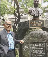  ??  ?? Dr. Joven Cuanang, chair of Pintô Inter- national, posing against the bust of Dr. Jose Rizal in Hibiya Park. “Pintôkyo” was dedicated to the memory of the National Hero, whose 157th birth anniversar­y coincided with the opening of the exhibition.