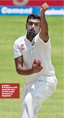  ??  ?? Leader: R Ashwin will provide one of the main threats to England