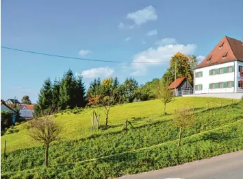  ??  ?? Unser Bild zeigt den Pfarrhof von Jedesheim auf der abgeflacht­en Kuppe eines Sandhügels. Um das Haus 1787 östlich des bau fälligen Vorgängerb­aus zu errichten, wurde der Hügel – laut Mayer vielleicht ein keltischer Grabhügel – abgetragen.