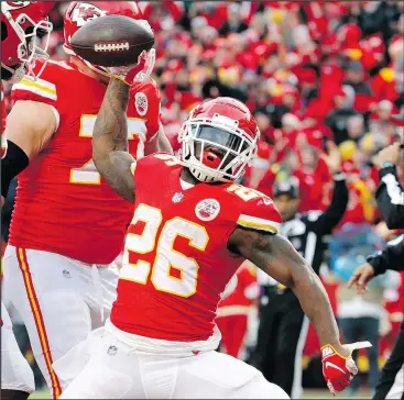  ?? — AP ?? Chiefs running back Damien Williams celebrates his touchdown during a game against the Raiders earlier this season. Williams will get the start against the Patriots today.