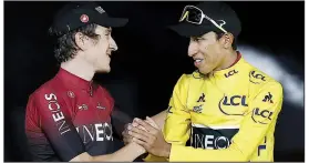  ?? AP/MICHEL EULER ?? LEFT Bernal (right) greets runner-up Geraint Thomas of Britain on the podium.