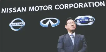  ?? KIM KYUNG-HOON/REUTERS FILES ?? Nissan Motor’s vice chief operating officer and former contender for CEO Jun Seki this week said he was leaving the automaker, sending stock to lows not seen since September 2011.