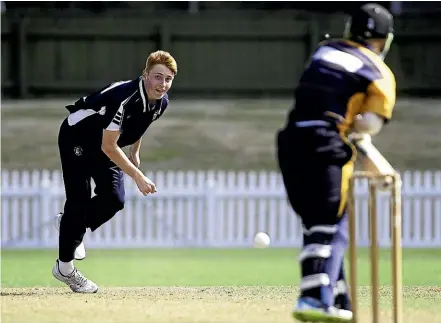  ?? DAVID UNWIN/STUFF ?? Palmerston North Boys’ High School seamer Josh West bowling against Marlboroug­h Boys’ College at Fitzherber­t Park.