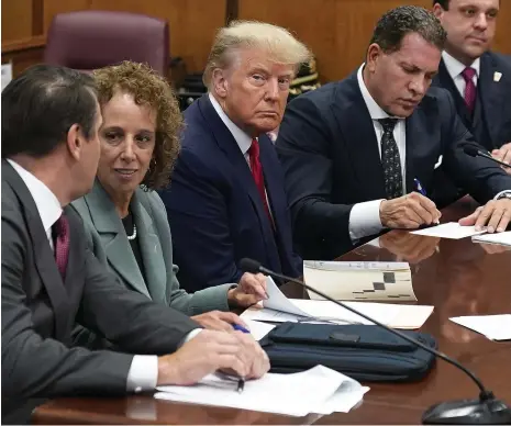  ?? AP ?? Former US president Donald Trump sits with his legal team at the defence table in the court in Manhattan