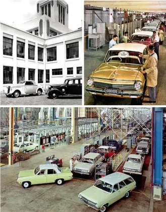  ??  ?? Clockwise from top left Early FX-series Holdens being assembled; newly built 1936 HQ at Fishermans Bend, Port Melbourne; the millionth Holden, an EJ Premier, comes off the line in 1962; 1966 HR offered a floor shift for the first time.