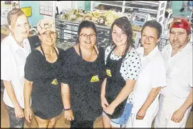  ??  ?? Brookfield Bakery staff, from left, Jade Williams, Tammy Wing, Shannon Mclellan, Lindsay Holman, Mabel Densmore and Steven Cook.