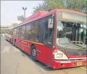  ?? HT PHOTO ?? Both buses were impounded and have been parked outside the Anand Vihar bus terminal police post.