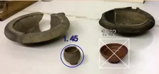  ??  ?? Below: Ivan Tyukin and Konstantin Sofeikov scan Roman pots with iPhones in the Jewry Wall Museum, Leicester
Below right: Arch- iScan distinguis­hes a globular beaker from a Samian cup, with two similar whiteware mortaria, with no false positives