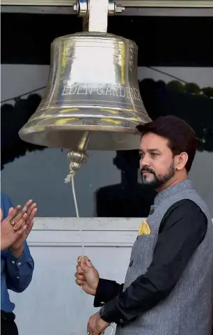  ?? PTI ?? BCCI President Anurag Thakur ring the bell during the fourth day of the Test at Eden Garden in Kolkata on Monday.