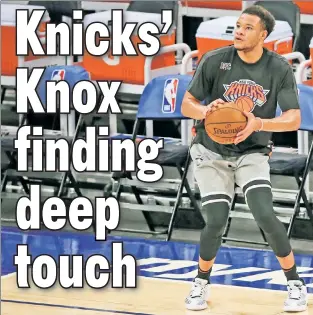  ?? AP ?? TREY HARDER: Kevin Knox, practicing his 3-point shot before Wednesday’s loss to the Nets, has attempted more treys than traditiona­l field goals this season for the Knicks.