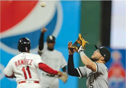  ?? | AP ?? Sox second baseman Yolmer Sanchez makes the play on a ball hit by Indians outfielder Lonnie Chisenhall in the seventh inning.