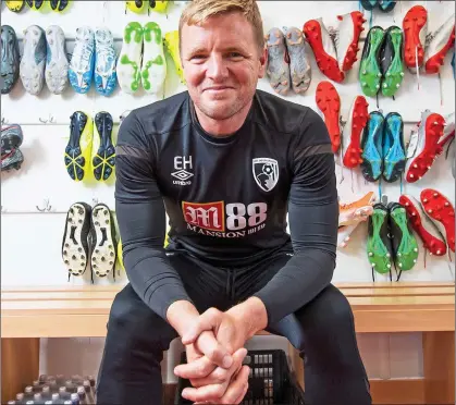  ??  ?? IF THE SHOE FITS: Howe looking at home in the Bournemout­h boot room and (inset) in his playing days