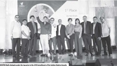  ??  ?? Xentro Malls Antipolo grabs the top prize in the 2018 installmen­t of the Golden Kubeta Awards.