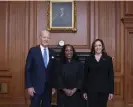  ?? Fred Schilling/AP ?? Jackson poses for a photo with Joe Biden and Kamala Harris during her formal investitur­e ceremony in September 2022. Photograph: