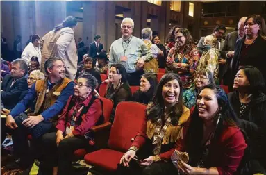  ?? Jacquelyn Martin / Associated Press ?? Attendees of the Tribal Summit await the arrival of Vice President Kamala Harris on Wednesday at the Department of the Interior in Washington, D.C.