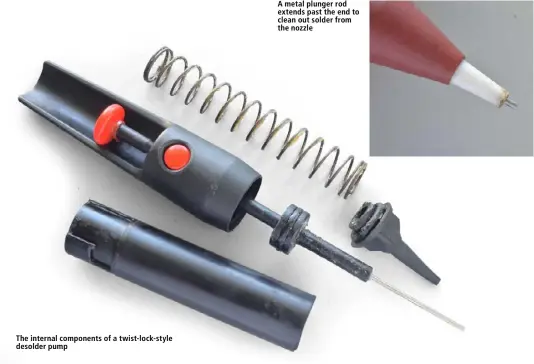  ??  ?? The internal components of a twist-lock-style desolder pump A metal plunger rod extends past the end to clean out solder from the nozzle