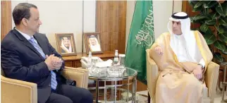  ??  ?? Adel Al-Jubeir, Saudi foreign minister, discusses future course of action with Ismail Ould Cheikh Ahmed, UN special envoy for Yemen, in Riyadh on Thursday. (SPA)